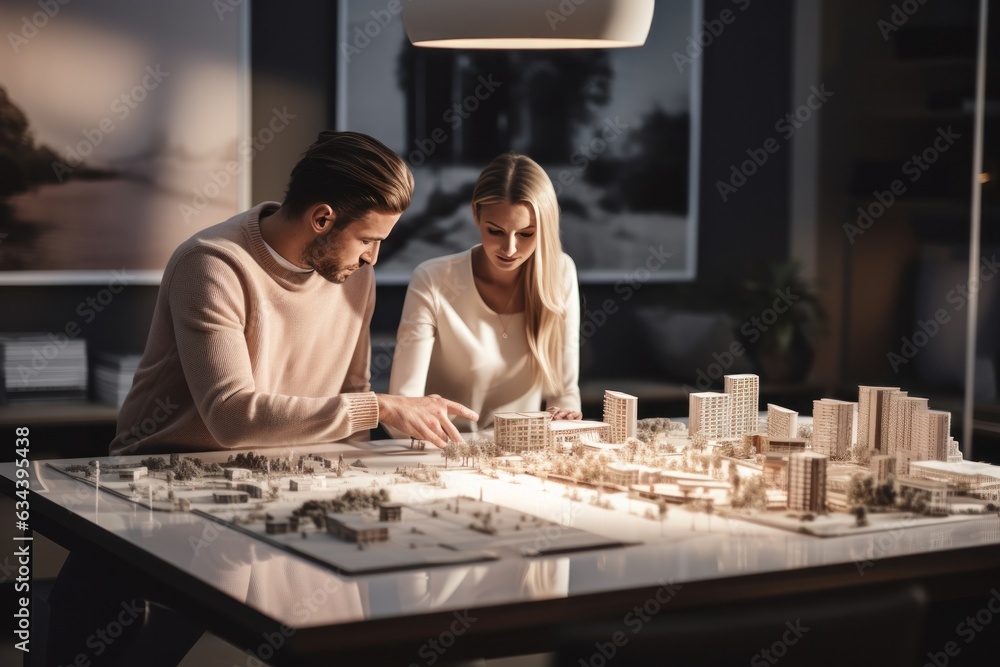 A couple on a desk with a house model and house keys