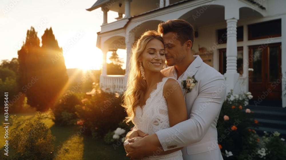 Young married couple embraces in front of the house in summer sunset