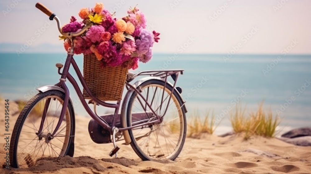 Bicycle with a basket sits on top of sand near the ocean