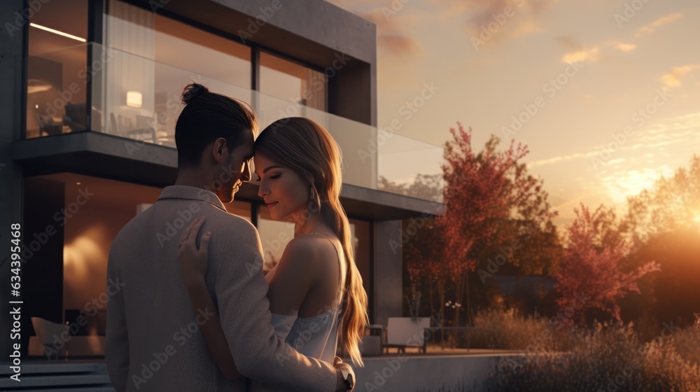 Young married couple embraces in front of the house in summer sunset