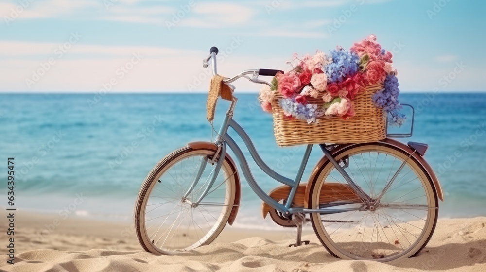 Bicycle with a basket sits on top of sand near the ocean