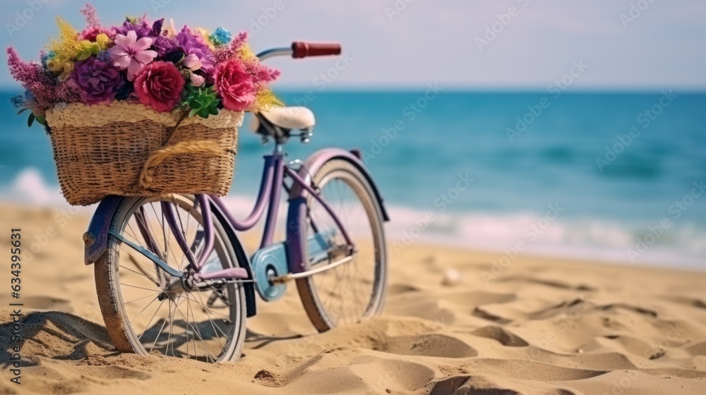 Bicycle with a basket sits on top of sand near the ocean