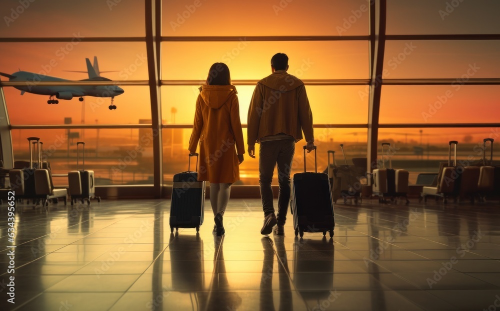 Man and woman waiting airplane in airport