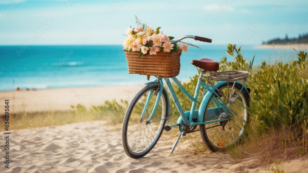 Bicycle with a basket sits on top of sand near the ocean