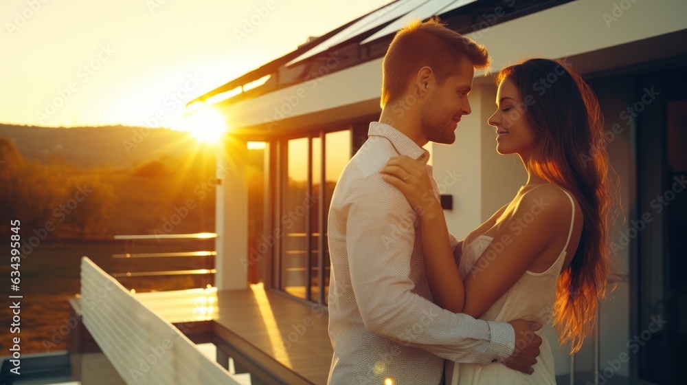 Young married couple embraces in front of the house in summer sunset