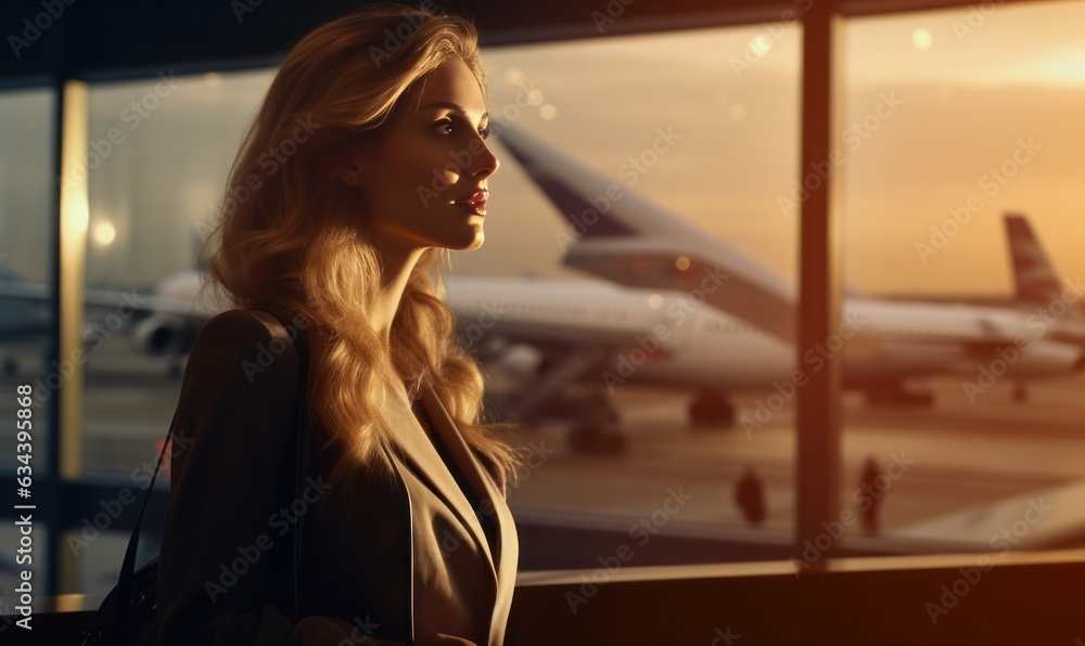 A woman is sitting by a window overlooking an airport