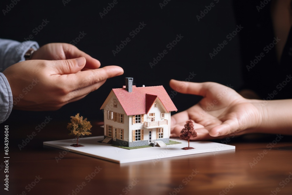 A couple on a desk with a house model and house keys