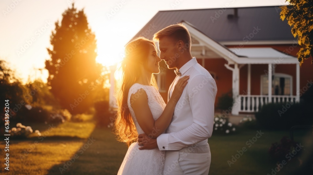 Young married couple embraces in front of the house in summer sunset