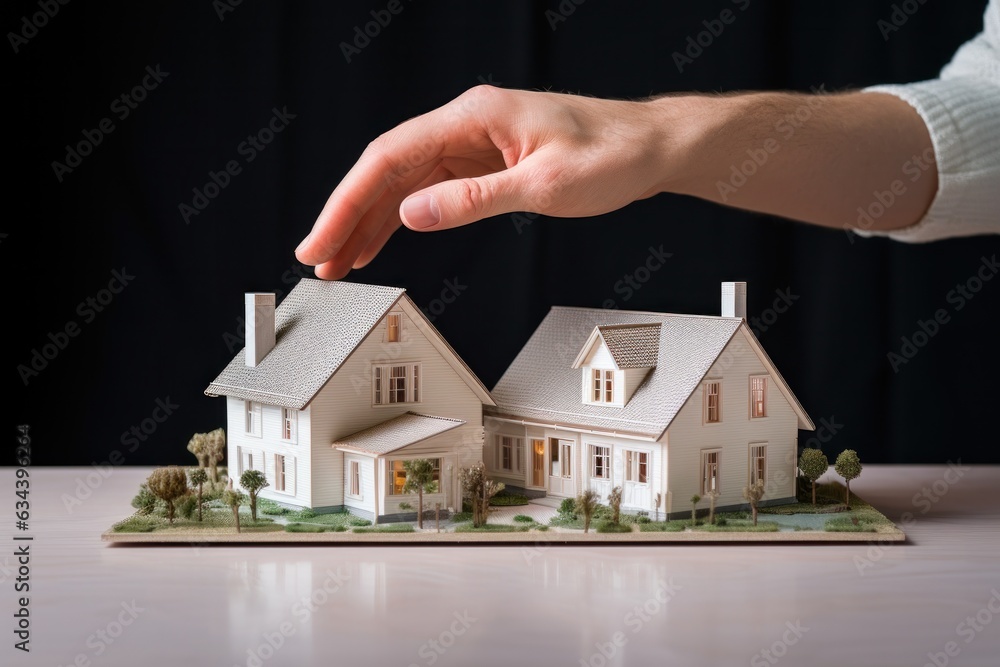 A couple on a desk with a house model and house keys