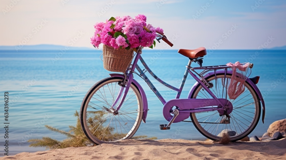 Bicycle with a basket sits on top of sand near the ocean