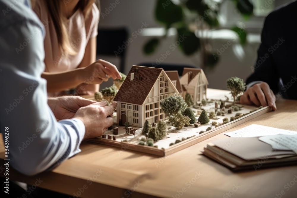 A couple on a desk with a house model and house keys