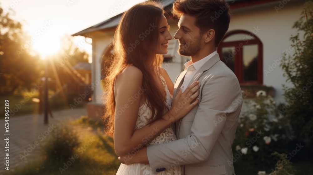 Young married couple embraces in front of the house in summer sunset