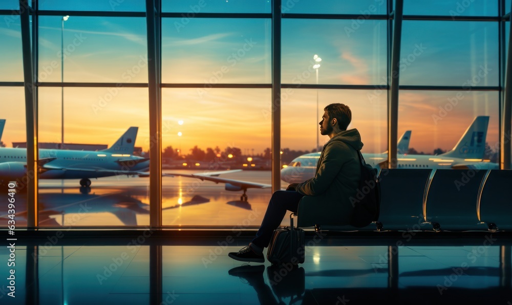 People waiting airplane in airport.