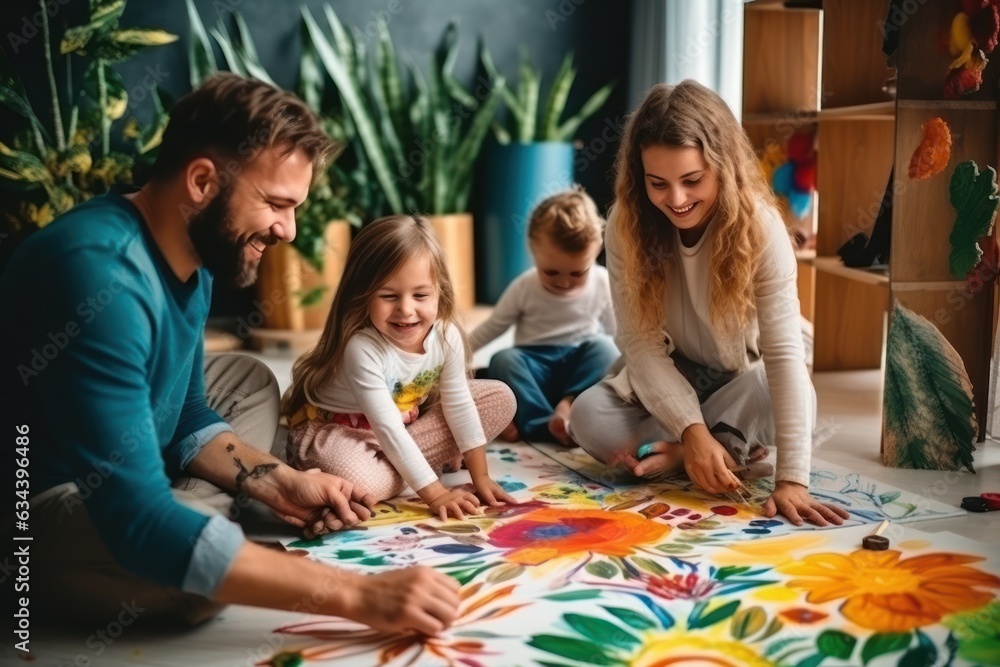 Family painting on the floor together