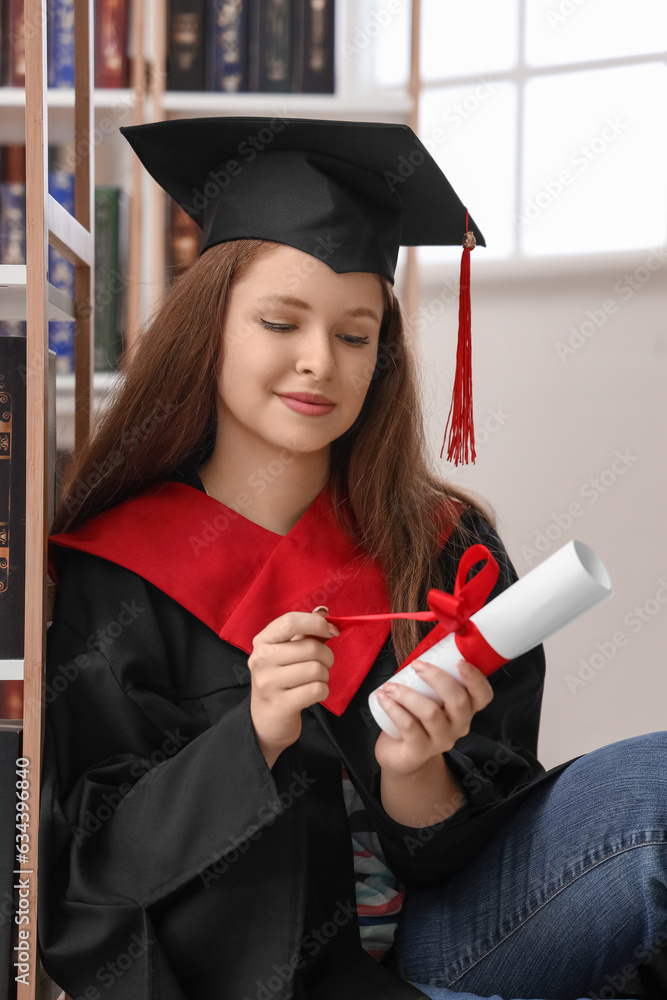 Female graduate student with diploma in library