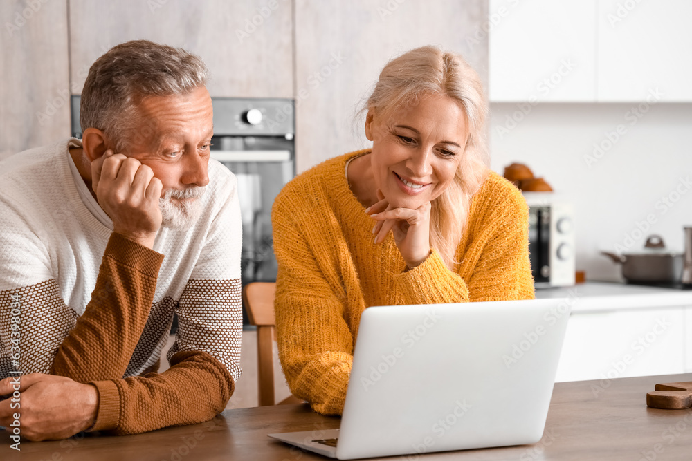 Mature couple using laptop in kitchen