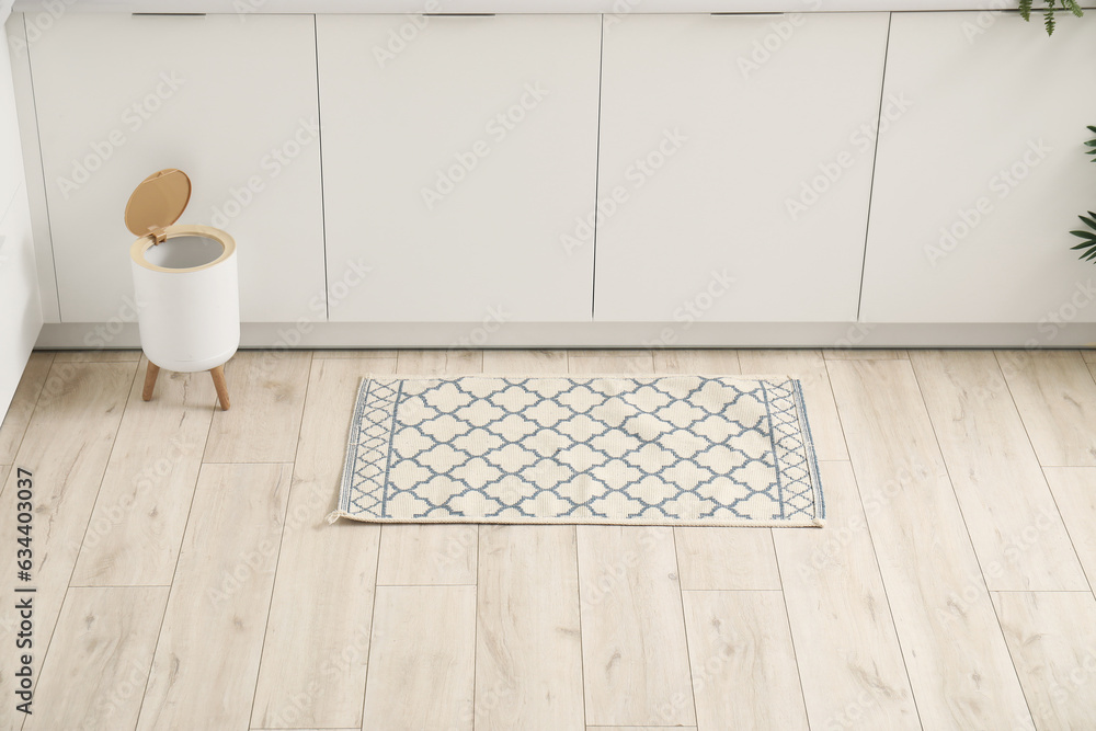 Stylish rug and trash bin on floor in kitchen