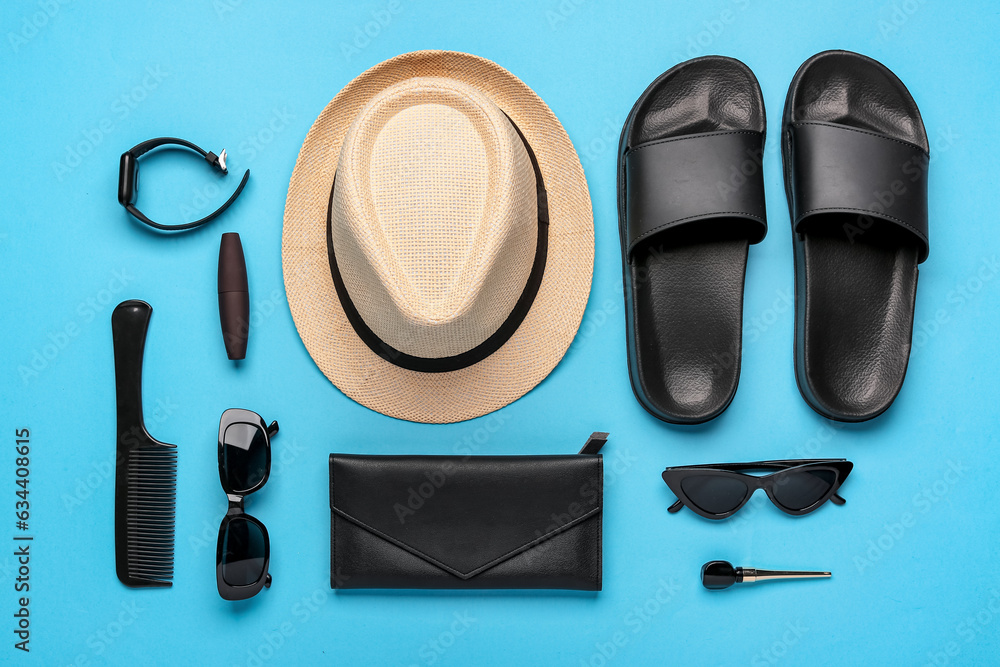 Composition with stylish beach accessories, cosmetics and smart watch on color background