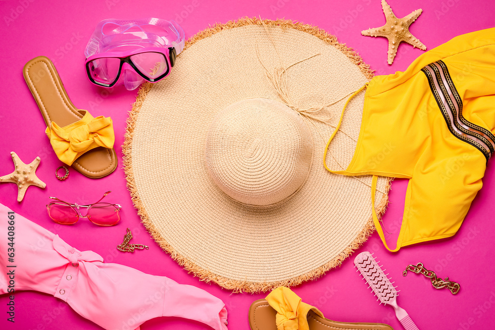 Composition with different beach accessories and stylish swimsuits on color background