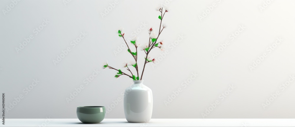 Vases with olive branch on minimalist background