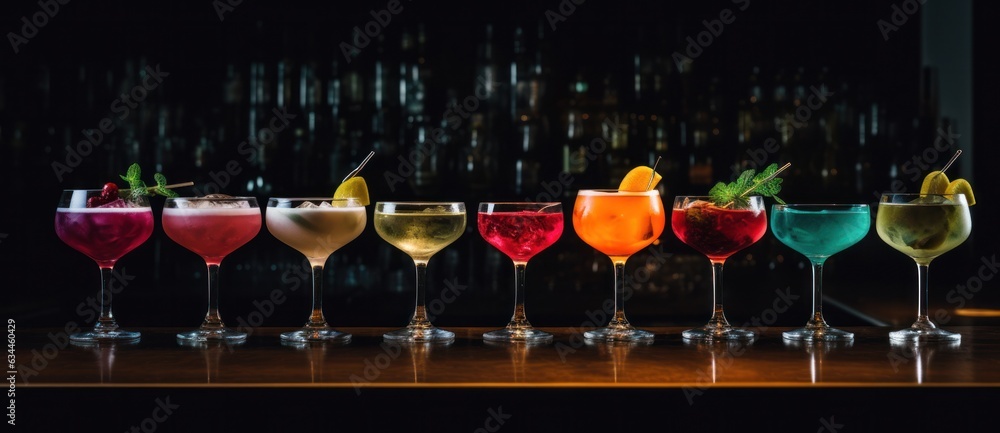 Alcohol cocktails in a row