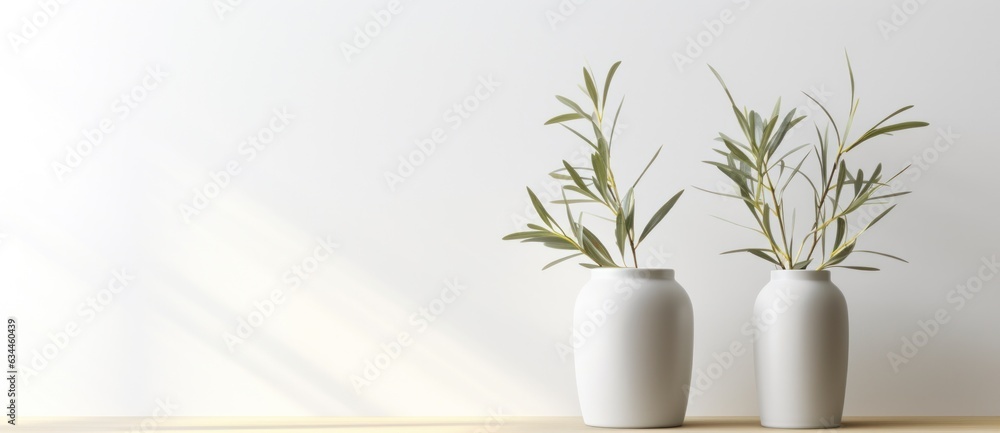 Vases with olive branch on minimalist background