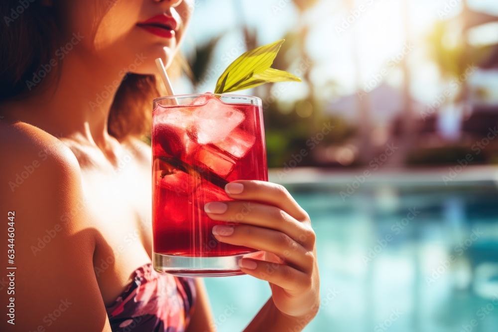 Woman with cocktail near the pool