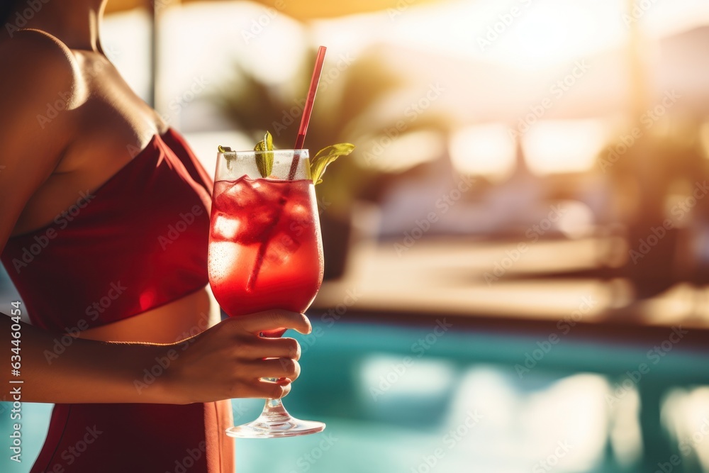 Woman with cocktail near the pool