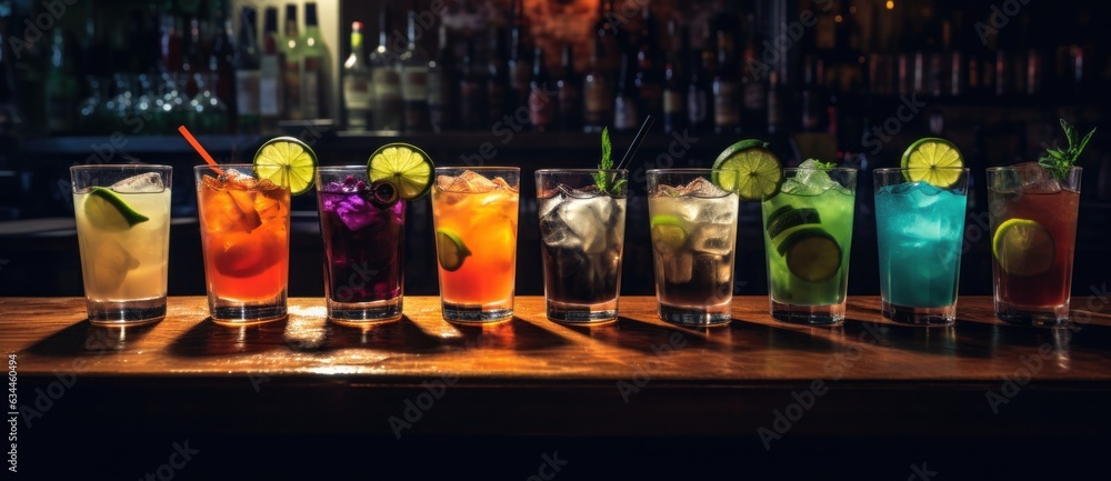 Alcohol cocktails in a row