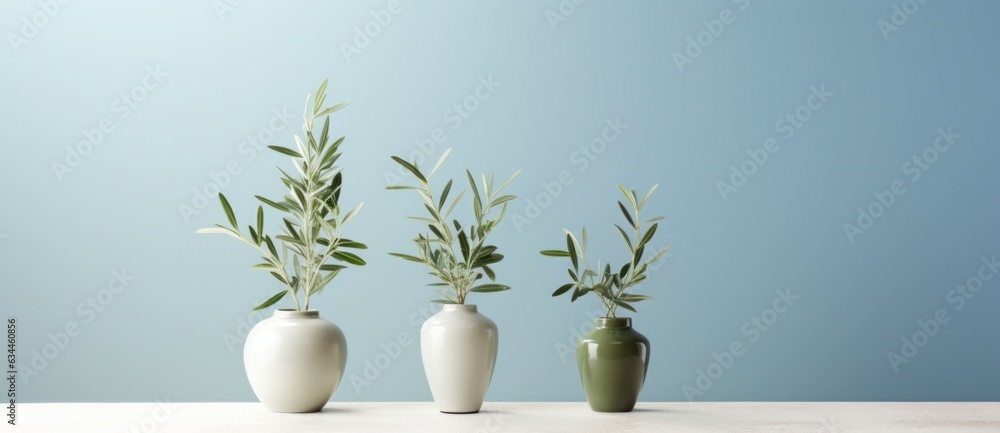 Vases with olive branch on minimalist background