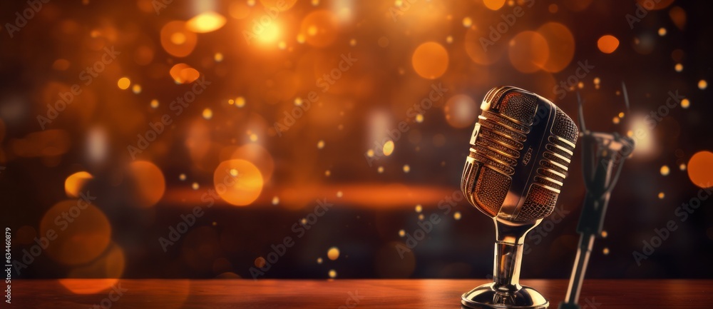 A professional microphone with a bokeh background