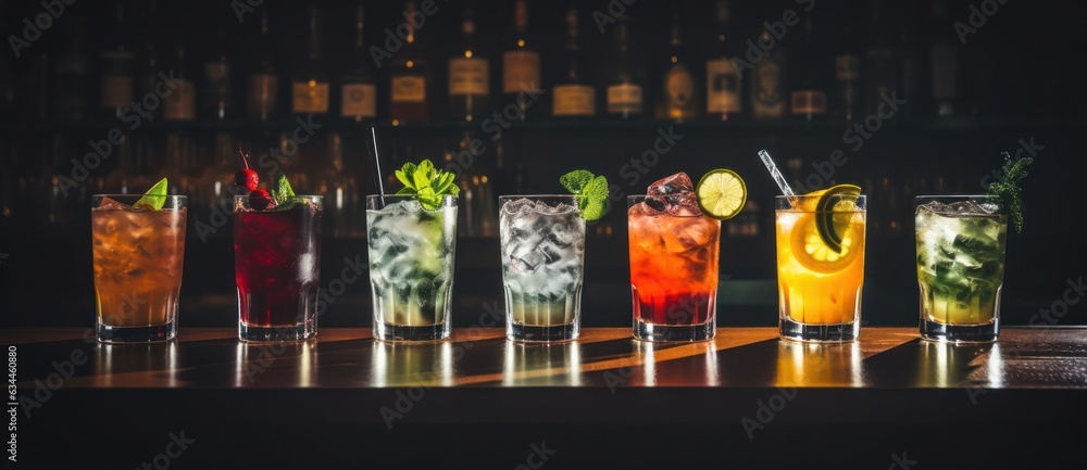 Alcohol cocktails in a row