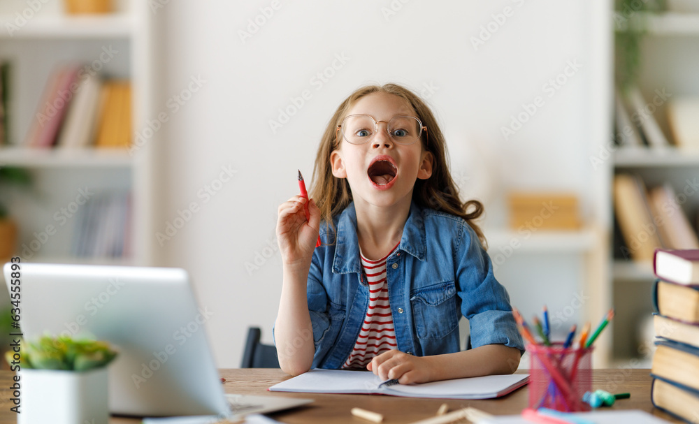 Girl doing homework or online education.