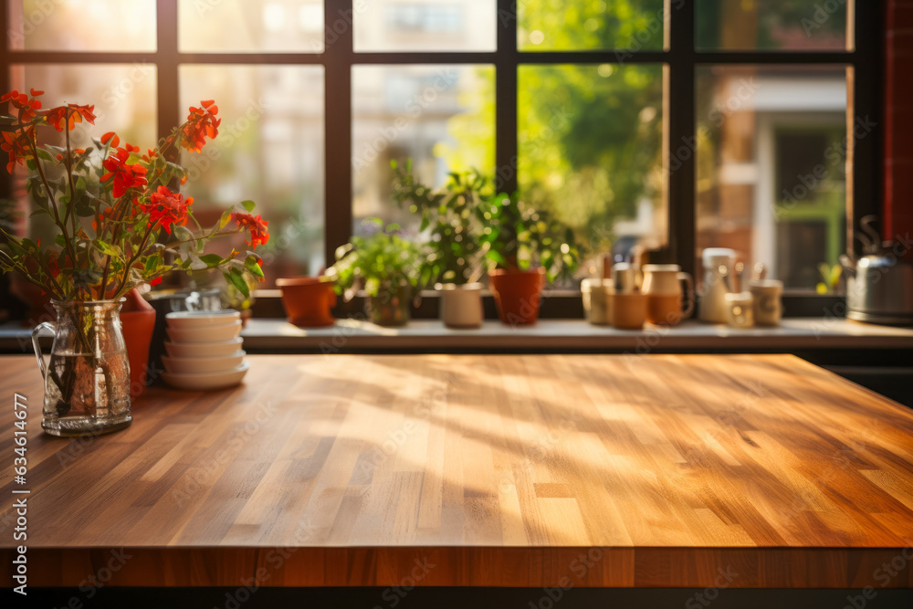 Wooden table topped with potted plants next to window.