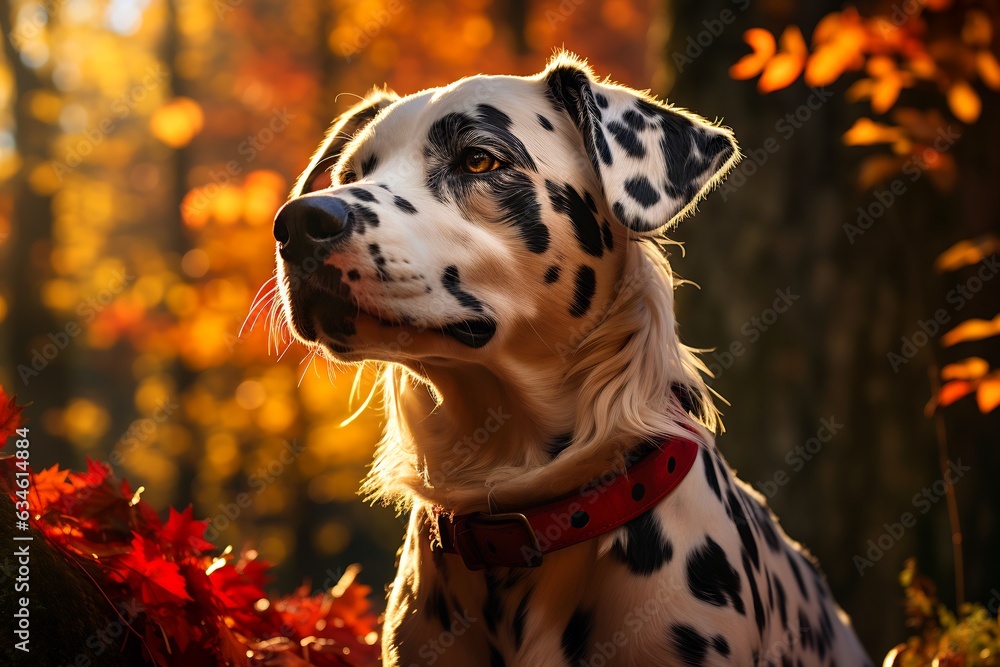 Dalmatian dog with red collar sitting in the leaves.