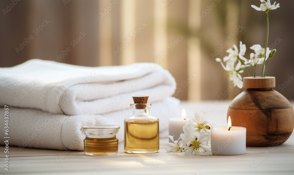 Spa decoration with candle, daisies , white flowers and a bottle with massage oil, beauty wellness c