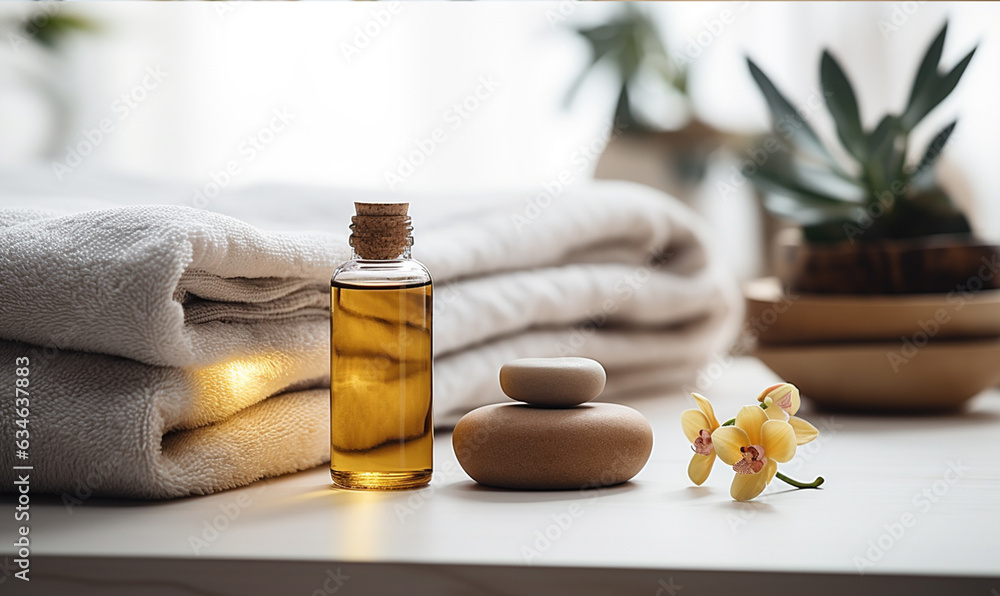 Spa decoration a bottle with massage oil on a white table in spa room background