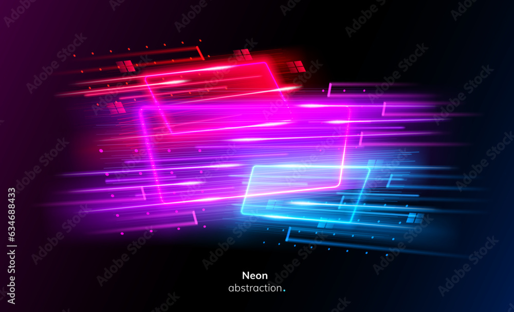 Speed sport motion, neon race glowing shapes. Geometry shape light motion trails, geometric figures 