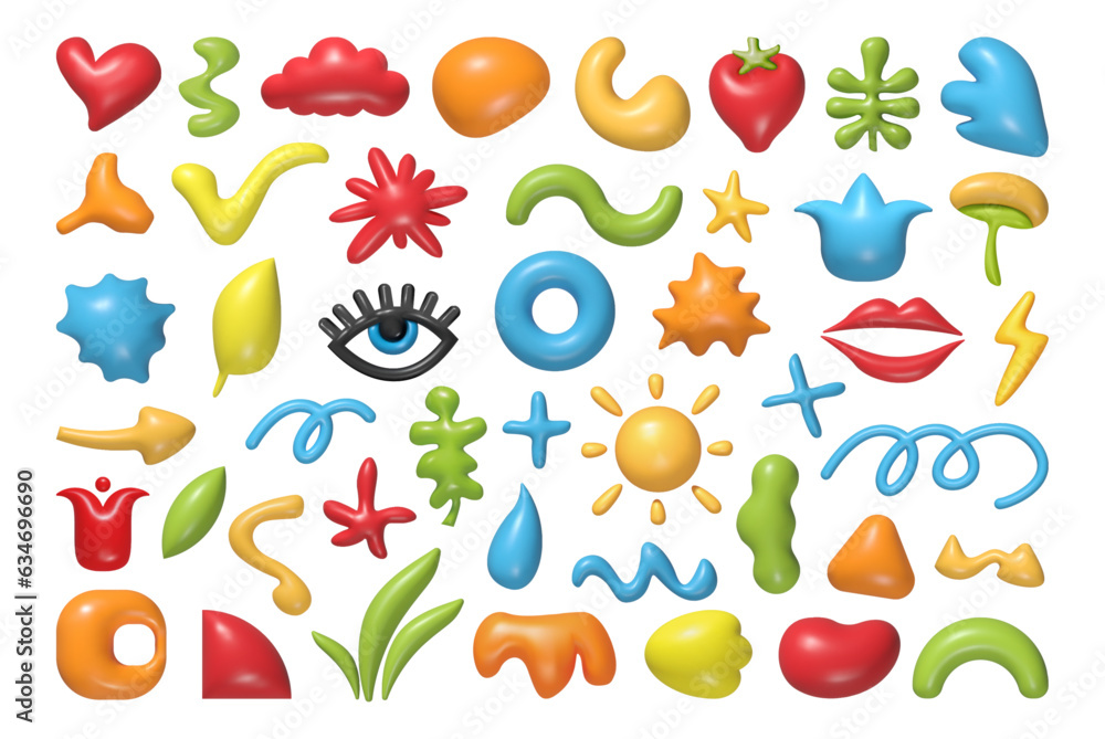 Abstract shapes cartoon elements in 3D style. Vector flowers and clouds, fruits and colorful shapes,