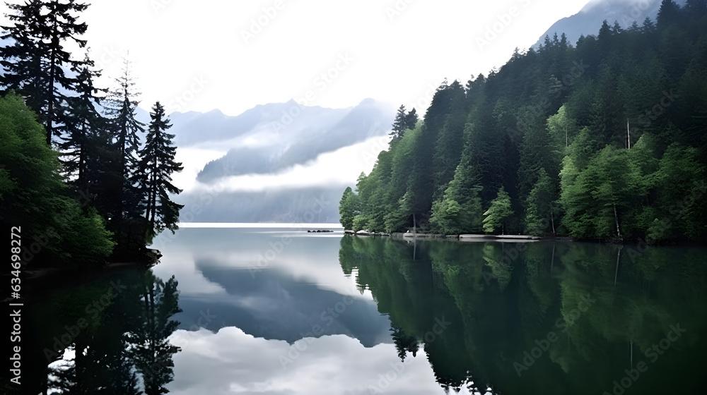 A peaceful landscape of lakeside surrounded by lush green forests and snow mountain in the backgroun