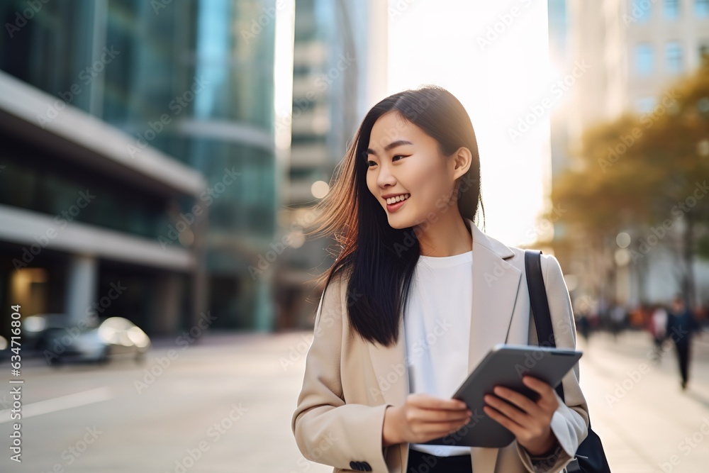 young busy happy asian business woman walking in a city