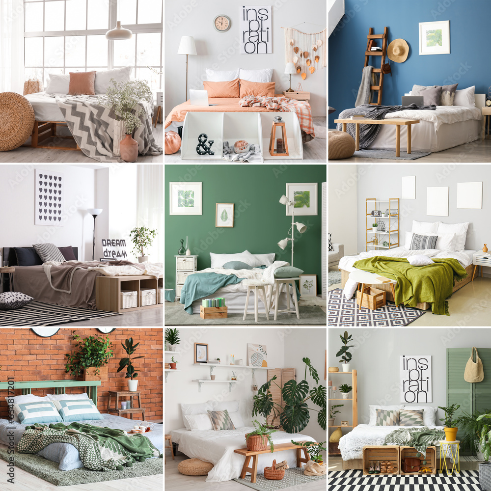 Collage of cozy bedroom interiors