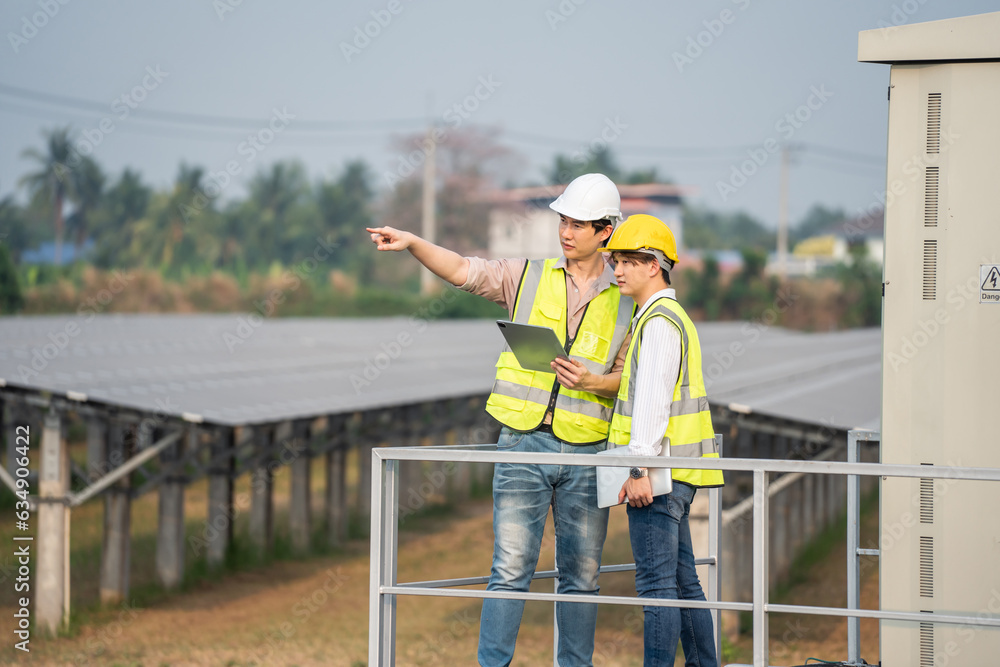 Professional engineer work to maintenance of photovoltaic panel system. 