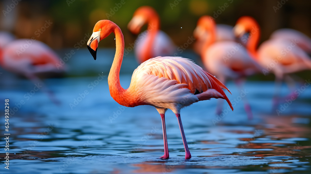 Close up of stunning pink flamingos standing in the water. a congregation of stunning pink flamingos