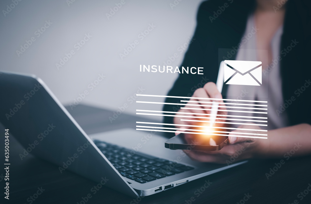 Online Insurance form agreements concept, Business people using laptops with E-mail insurance contra