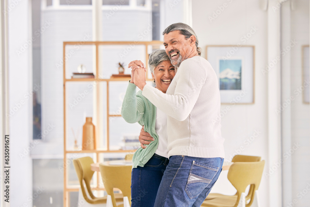 Dancing, mature couple and happy at home for anniversary, birthday or valentines celebration. Laugh,