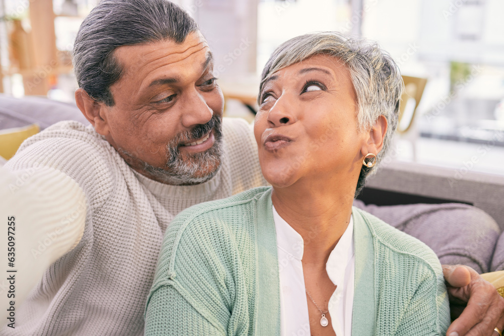 Selfie, happy and funny mature couple on sofa for social media post, profile picture and memory at h