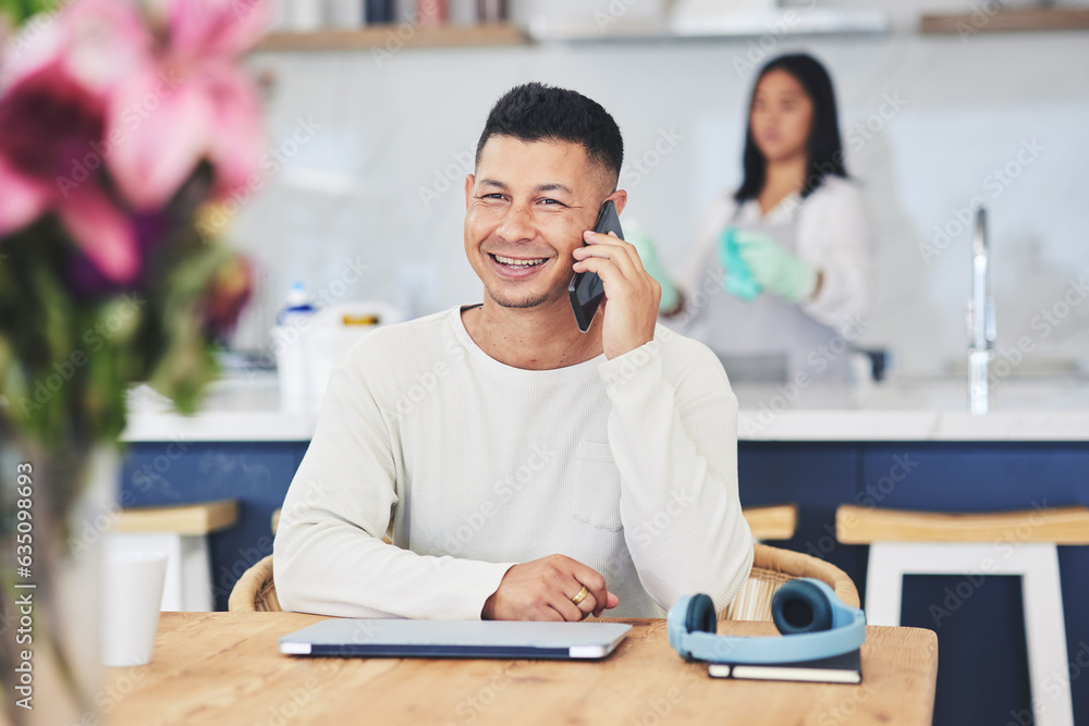 Phone call, happy and man for remote work with laptop for communication, connection and contact. Wor