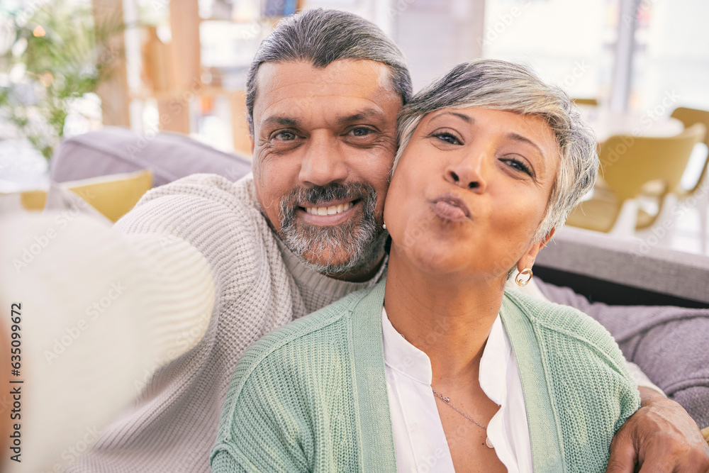 Selfie, portrait and mature couple on sofa with pout for social media post, profile picture and memo