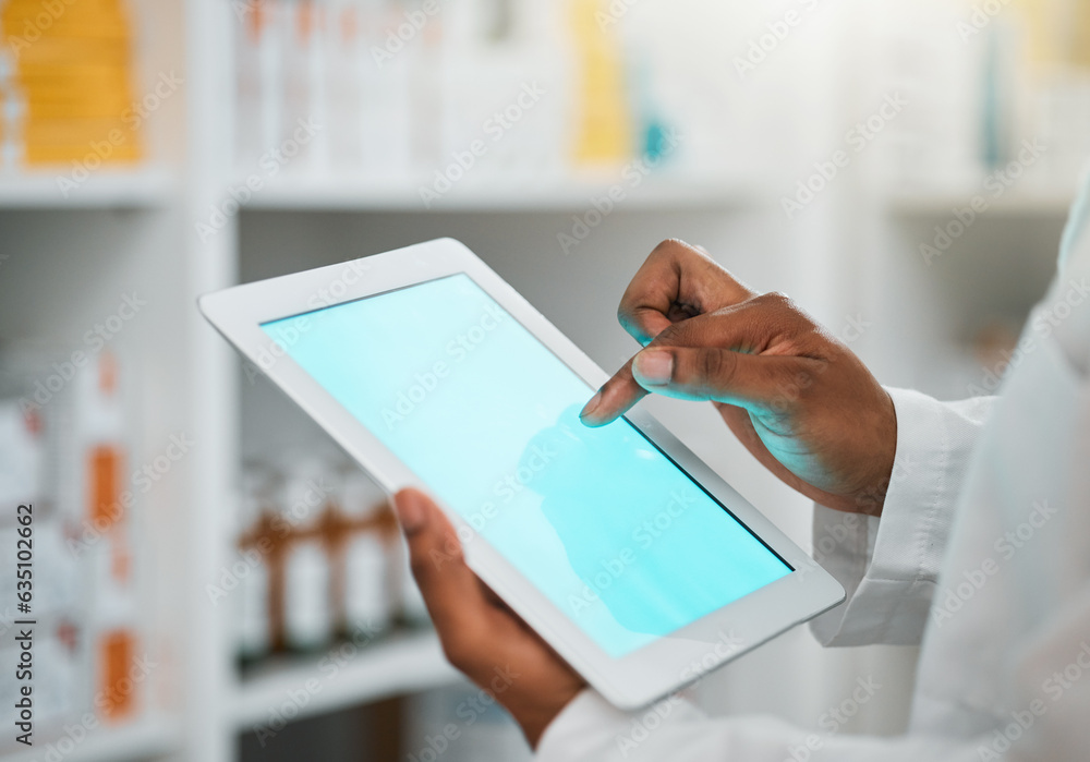 Green screen, pharmacist or hands with tablet mockup space for inventory inspection or stock check a